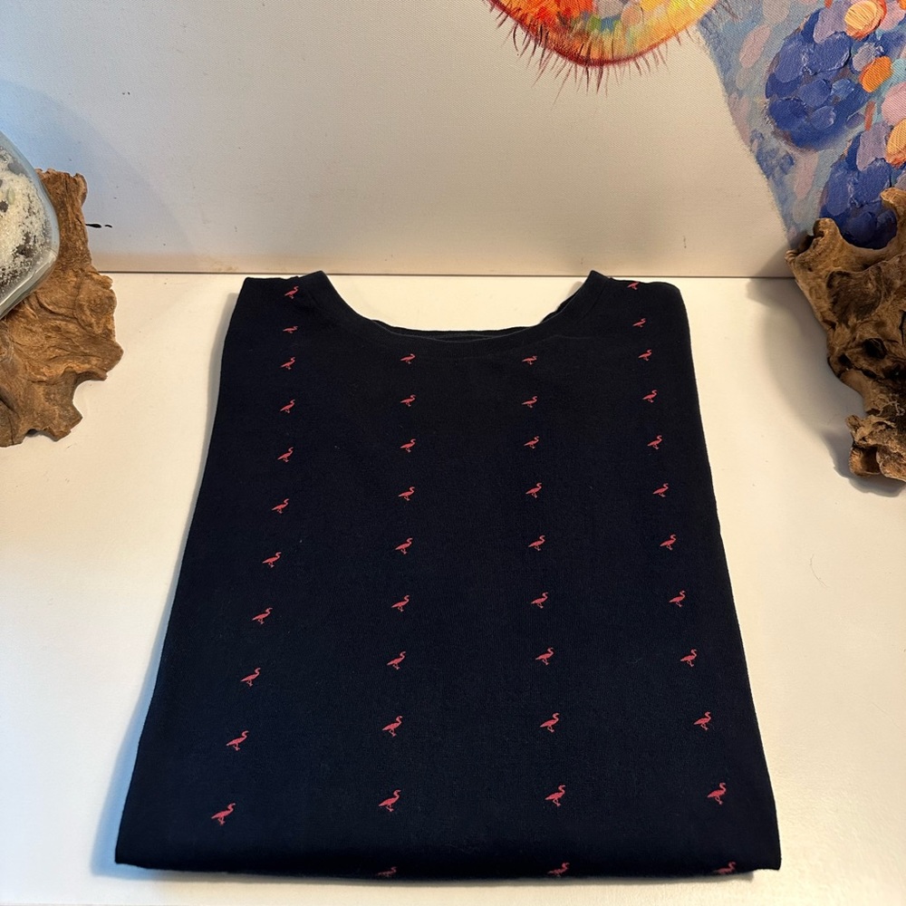 Denim and Flower Navy Blue and Pink Flamingo Short Sleeve Shirt